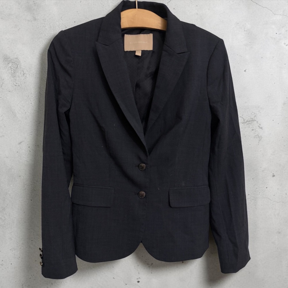 Banana Republic Womens Navy Blue Wool Blend Crest Button Blazer Jacket Size 2